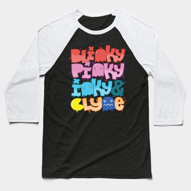 Blinky, Pinky, Inky & Clyde - Pacmania Baseball T-Shirt by jetpacksandrollerskates